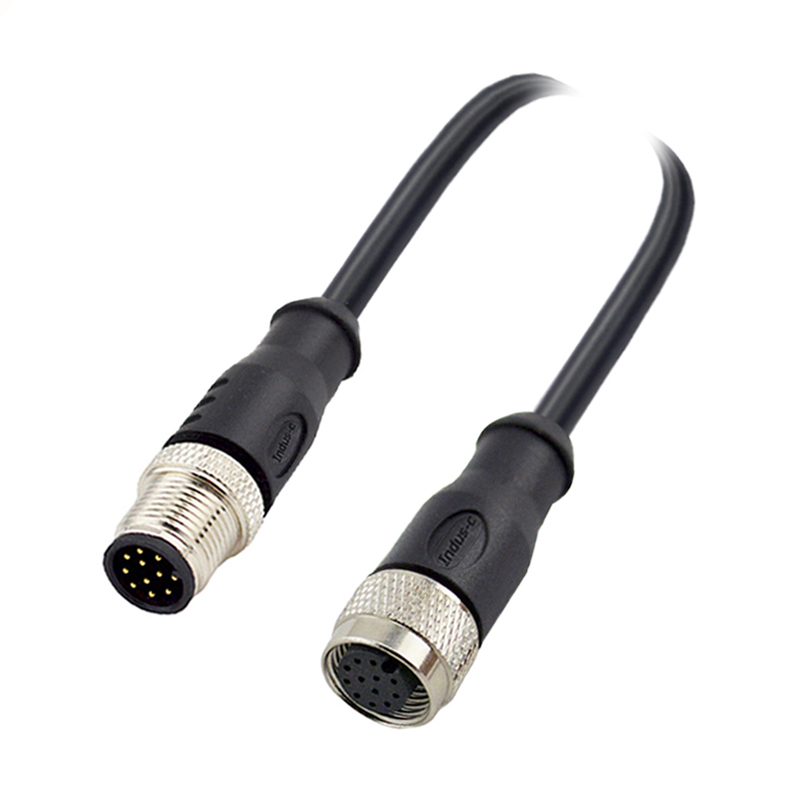 M12 12pins A code male straight to female straight molded cable,unshielded,PVC,-10°C~+80°C,26AWG 0.14mm²,brass with nickel plated screw